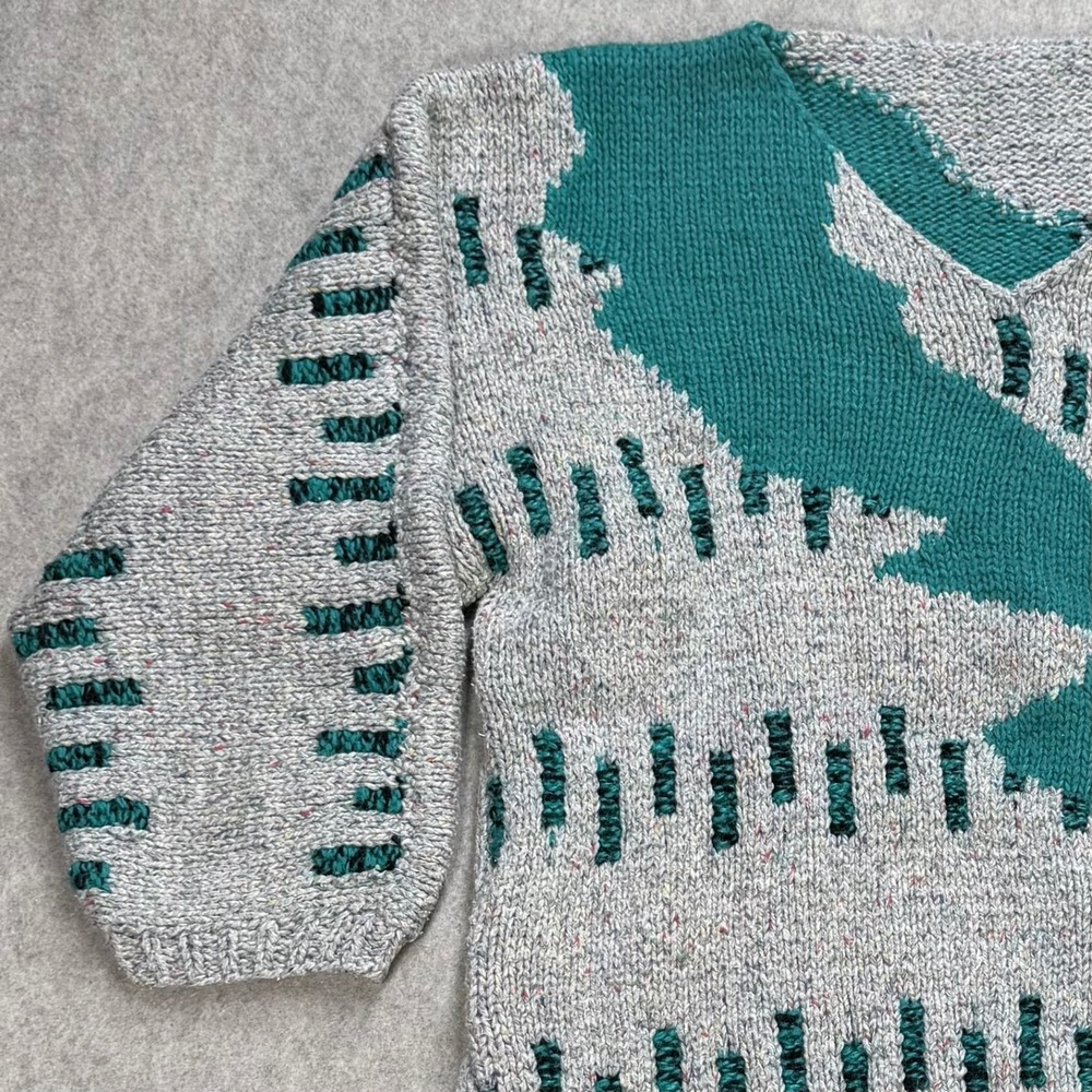 Vintage Handmade Confetti Knit V-Neck Sweater Grey Teal Geometric Retro Womens M